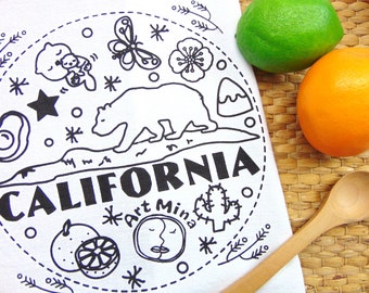 California Bear Cloth Napkin, Hand Screen Printed Towel, Sweet Kawaii Design, CA Kitchen Decor, 100% Cotton, California State Souvenirs