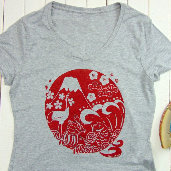 Women's Japan Good Luck Tee, Japanese Red Flag T-shirt, Screen Printed Shirt, Women Super Soft V-Neck Tshirt, Gift for Mom, Up to Size 5XL