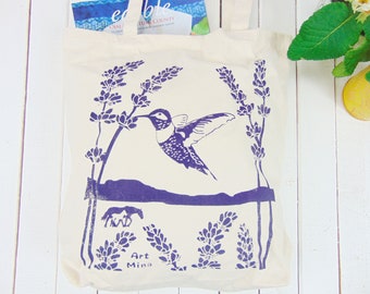 Hummingbird Tote Bag- Screen Print - Canvas Handbag Tote -  Lavender Purple