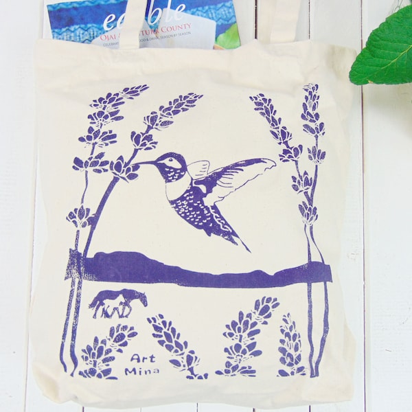 Hummingbird Tote Bag- Screen Print - Canvas Handbag Tote -  Lavender Purple