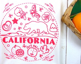 Flour Sack Towel California Bear, Screen Print, CA Gift Tea Towel, Pink Kitchen Towel, Gift for Girl Friend