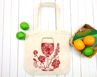 Hawaii Wine Tote Bags, Silk Screen Print, Medium Canvas Shoulder Bag, Hawaiian Gifts, Taro Plant & Wahine "Whisper of Wine"