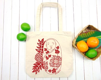 Hawaii Baby Canvas Tote Bag, Silk Screen Print, "Lehua & Ohia's Baby with the Ulu (breadfruit)",  Artistic Shoulder Bag, Hawaiian Gifts