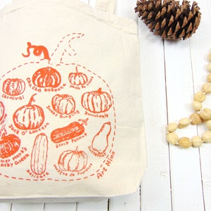 Pumpkin Sketch Canvas Tote Autumn Season Cotton Tote Fall Reusable Grocery Bag Squash Shoulder Bag Screen Print image 3