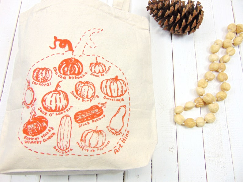 Pumpkin Sketch Canvas Tote Autumn Season Cotton Tote Fall Reusable Grocery Bag Squash Shoulder Bag Screen Print image 3