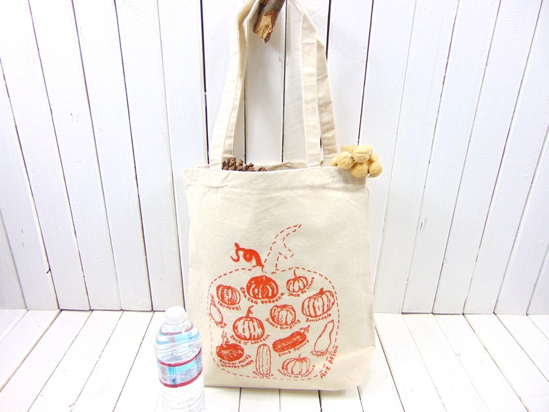 Pumpkin Sketch Canvas Tote Autumn Season Cotton Tote Fall Reusable Grocery Bag Squash Shoulder Bag Screen Print image 9