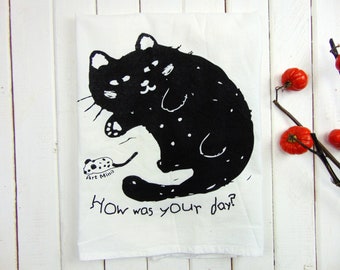 Black Cat Lover Tea Towel, Screen Print, Kawaii Kitty Flour Sack Towels, Japanese Artist Dish towel, Gift for Cat Mom, "How was your day?"