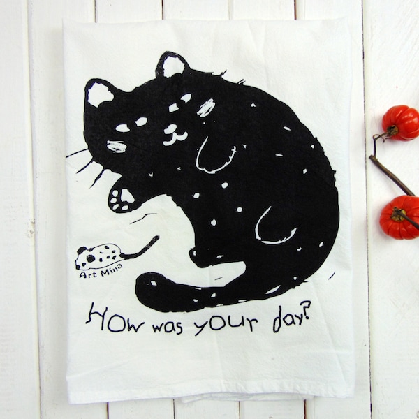 Black Cat Lover Tea Towel, Screen Print, Kawaii Kitty Flour Sack Towels, Japanese Artist Dish towel, Gift for Cat Mom, "How was your day?"