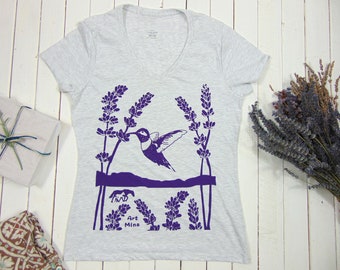 Hummingbird T-Shirt, V-Neck Women's Soft Tee, Screen Print, Lavender Purple, Up To Size 5XL