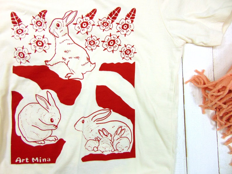 Unisex Soft T-shirt Rabbit Hole Screen Print Floral Bunny Shirt image 4