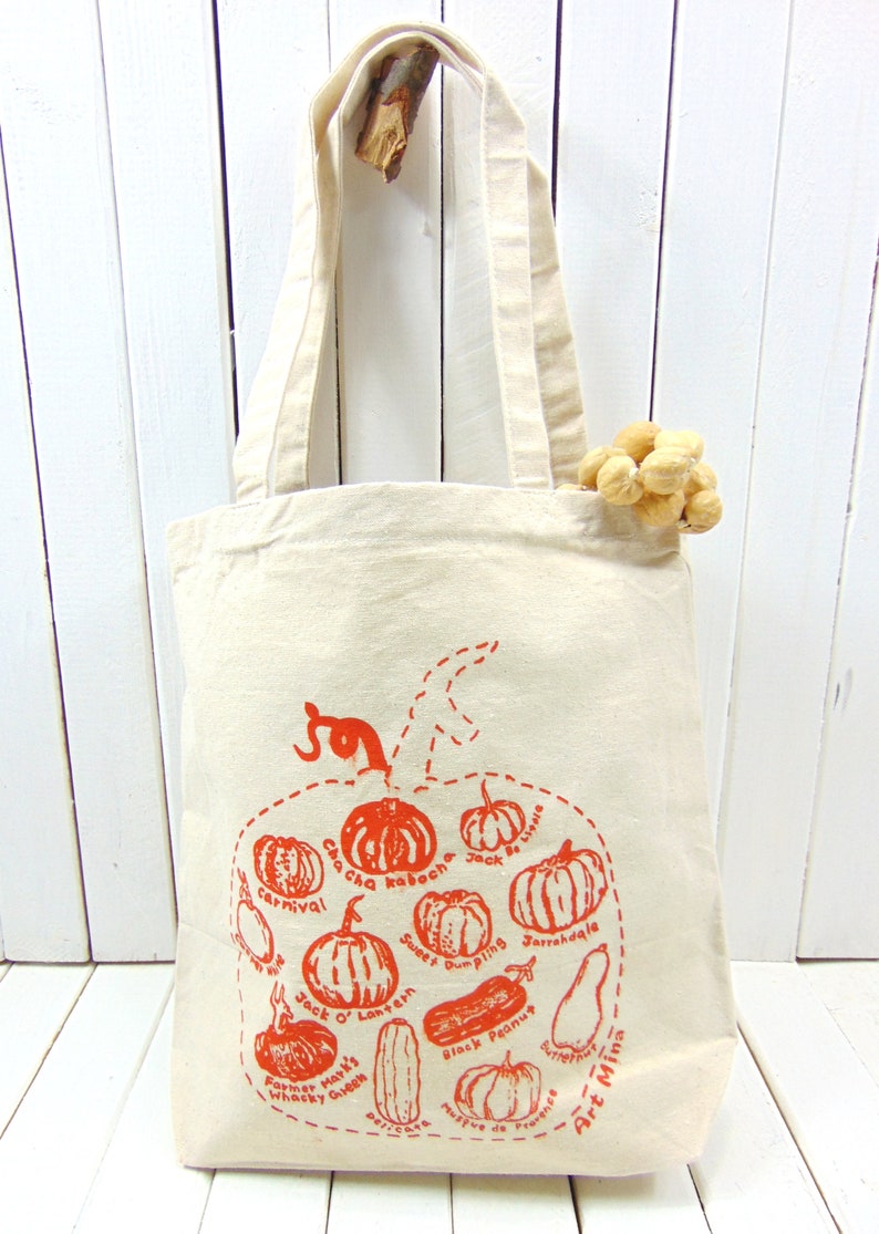 Pumpkin Sketch Canvas Tote Autumn Season Cotton Tote Fall Reusable Grocery Bag Squash Shoulder Bag Screen Print image 8