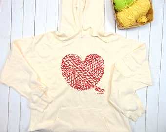 Heart-Shaped Red Yarn Ball Hoodie,  Screen Printed Sweatshirt [American Grown Cotton], Up To UNISEX size 3XL, "Come Live in My Heart"