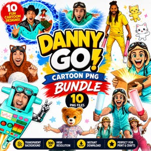 May include: A digital collection of Danny Go cartoon graphics featuring ten PNG files. The images include various illustrations of a person in different costumes, such as a robot, a bear, and a cowboy, alongside text reading Danny Go Cartoon PNG Bundle.