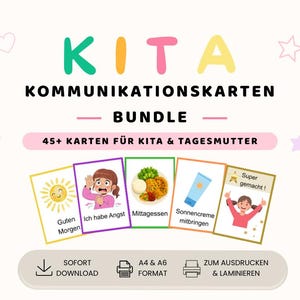 Könnte beinhalten: Ein digitales Set KITA KOMMUNIKATIONSKARTEN mit über 45 Karten für Kita und Tagesmutter. Das Bündel enthält farbenfrohe, illustrierte Karten mit deutschem Text wie Guten Morgen, Ich habe Angst, Mittagessen, Sonnencreme mitbringen und Super gemacht, zum Download in A4- und A6-Format.