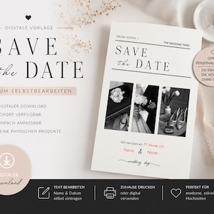 Könnte beinhalten: Eine digitale Save-the-Date-Hochzeitsvorlage im Zeitungs-Layout mit dem Text "SPECIAL EDITION" und "THE WEDDING TIMES". Das Design enthält drei Schwarz-Weiß-Fotoplatzhalter, anpassbare Textfelder für Namen und Datum sowie eine minimalistische Ästhetik mit Serifenschrift und Schreibschrift.