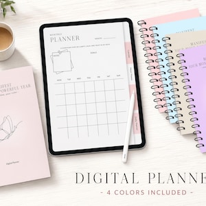 Könnte beinhalten: Ein digitaler Monatsplaner auf einem Tablet mit Eingabestift, begleitet von vier spiralgebundenen physischen Planern in Rosa, Blau, Beige und Lila. Jeder Einband zeigt eine Schmetterlings-Strichzeichnung und den Text Manifest Your Most Powerful Year.