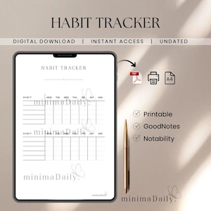 Undated Habit Tracker | Minimalist Monthly Habit Tracker Printable | GoodNotes PDF | Digital Planner