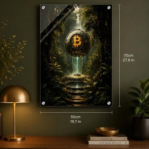 May include: A rectangular wall art print featuring a glowing golden Bitcoin symbol inside a metallic sphere suspended in a dark, lush forest. The artwork measures 27.6 inches in height and 19.7 inches in width, secured by four silver corner mounts.