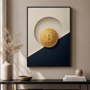 May include: A framed wall art piece featuring a gold Bitcoin symbol centered within a circular cutout. The background is divided diagonally into a cream-colored upper section and a dark navy blue lower section, all enclosed in a thin black frame.