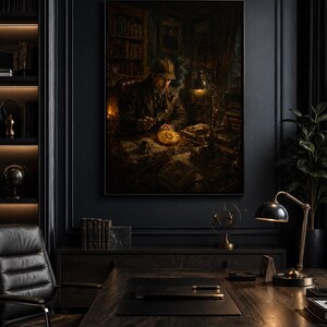 May include: A framed wall art print depicting a detective in a deerstalker hat sitting at a desk in a dimly lit study, examining a golden coin with a magnifying glass under the warm glow of a desk lamp, surrounded by books and shadows.