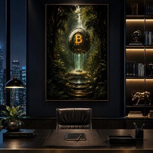 May include: A framed wall art piece depicting a glowing golden Bitcoin symbol centered within a dark, lush forest setting. The artwork features a spherical metallic object suspended above a stone pedestal, surrounded by dense foliage and trees.