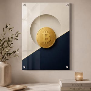 May include: A rectangular wall art piece featuring a split design of cream and dark navy blue. A large, circular, gold-colored Bitcoin symbol is centered on the panel. The artwork is mounted with four silver-toned metal standoffs at the corners.