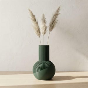Jarrón bulboso estriado de 24 cm | Jarrón de hierba de la Pampa Japandi acanalado | Jarrón columna escultural | Decoración impresa en 3D mate | 25 colores