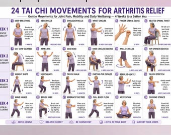 Exercícios de Tai Chi para Alívio da Artrite, Tabela Imprimível para Idosos, Treino de Mobilidade Articular e Equilíbrio, Alívio da Dor, Movimentos Suaves (PDF Digital)