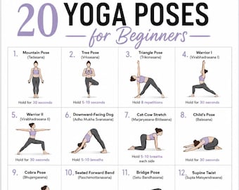 Tabella delle posizioni yoga per principianti, 20 asana, poster yoga stampabile, guida alla flessibilità e all'equilibrio, PDF per allenamenti a casa, download digitale
