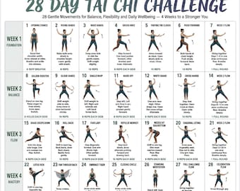 28 Day Tai Chi Challenge Printable Chart, 4 Week Tai Chi Program for All Levels, Gentle Daily Movement Routine, Fitness Poster PDF Download.