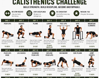 28 Day Military Calisthenics Challenge for Men PDF, Bodyweight Workout Plan, Bootcamp Fitness Poster, Home Gym Training, Exercise routine.