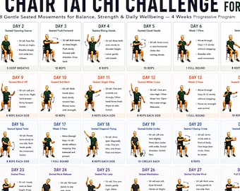 Desafio de Tai Chi na Cadeira de 28 Dias para Homens, Programa de Exercícios Sentado para Imprimir, Melhore o Equilíbrio, a Força e a Mobilidade, Treino de Fitness para Idosos em PDF