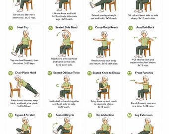 Chair Core Stability and Abs Workout for Seniors Printable Poster, Senior Seated Exercises PDF, Core Strength Balance & Mobility for Elderly