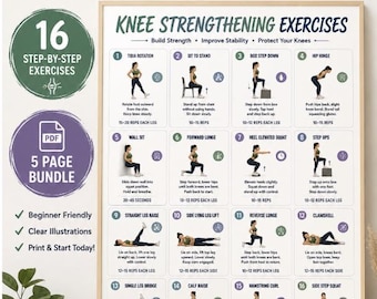 Tabela imprimível de exercícios para fortalecer os joelhos, 16 exercícios suaves para estabilidade e mobilidade, pôster em PDF com exercícios para aliviar a dor nos joelhos.