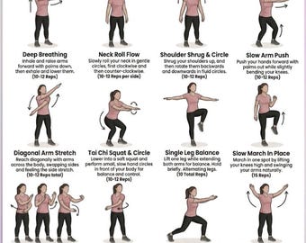 Exercices de tai-chi imprimables pour femmes | Tableau d'exercices de tai-chi doux pour adultes | Entraînement d'équilibre et de flexibilité | Téléchargement numérique PDF