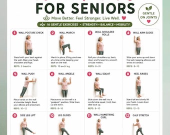 Pilates de Parede para Idosos - Guia para Imprimir | 16 Exercícios Suaves + Acompanhamento de 30 Dias | Tabela de Treino para Iniciantes em PDF | Download Imediato