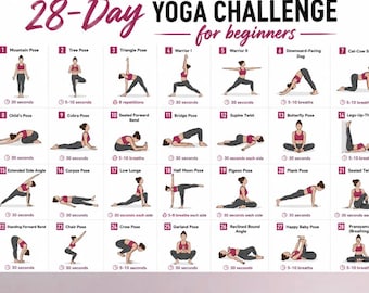 Reto de yoga de 28 días: tabla imprimible, posturas de yoga de 4 semanas en PDF para todos los niveles, asanas de yoga diarias, rutina de ejercicios en casa, póster de fitness para descargar.