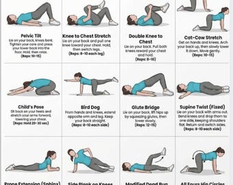 Alívio da dor lombar. Resultados rápidos e eficazes. Tabela de exercícios | Alongamentos, mobilidade. Sem equipamentos. (Download digital)