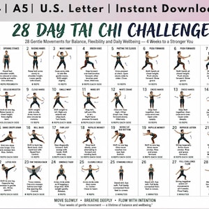 28 Day Tai Chi Challenge Printable Chart, 4 Week Tai Chi Program for All Levels, Gentle Daily Movement Routine, Fitness Poster PDF Download.