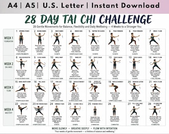 28 Day Tai Chi Challenge Printable Chart, 4 Week Tai Chi Program for All Levels, Gentle Daily Movement Routine, Fitness Poster PDF Download.