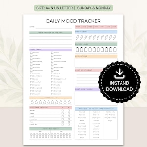 May include: A daily mood tracker printable planner page with sections for date, emotions, water intake, stress and energy levels, medications, and self-care activities. The document includes text labels and checkboxes, available in A4 and US Letter sizes.