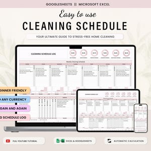 Peut inclure: Un modèle numérique de planning de ménage pour Google Sheets et Microsoft Excel affiché sur un ordinateur portable, une tablette et un smartphone. L'interface présente un journal de nettoyage hebdomadaire avec des cercles de progression.