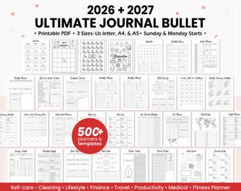 Bullet Journal Bundle 2026 2027 Printable Planner | Digital Planner PDF, Habit Tracker, Journal Pages, US Letter A4 A5