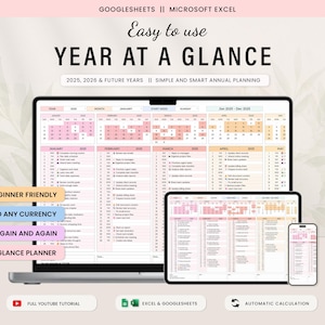 Simple Year at a Glance Calendar, Excel Yearly Planner, Auto Updating Calendar, Start Any Month, Google Sheets Planner, Event Calendar