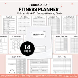 Könnte beinhalten: Ein druckbarer PDF-Fitnessplaner mit 14 Seiten schwarz-weißen Tracking-Vorlagen, darunter ein Fitness-Tracker, Jahres- und Monatsrückblicke, Schlaf-Tracker, Gewohnheits-Tracker, Trainingsprotokoll, Wassertracker und eine 31-Tage-Challenge.