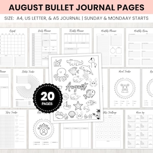 May include: A collection of 20 printable bullet journal pages for August, including planners, habit trackers, and reading logs. The set features black and white layouts with ocean-themed illustrations, including an octopus, fish, and a starfish.