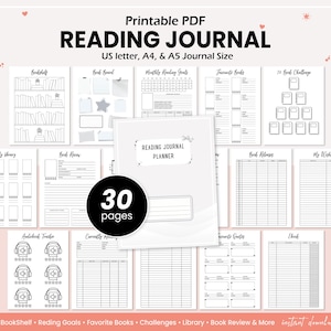 May include: A printable PDF reading journal with 30 pages, featuring various templates including a bookshelf, book reviews, monthly goals, and a 10 book challenge. The pages are black and white with text labels like Reading Journal Planner.