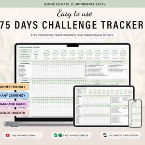 May include: A digital 75 Days Challenge Tracker template for Google Sheets and Microsoft Excel displayed on a laptop, tablet, and smartphone. The interface features progress circles, daily challenge lists, and automated calculation fields.