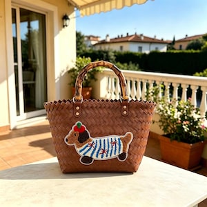 Luxury Woven Leather Tote Bag with Bamboo Handle, Quiet Luxury Beach Bag, Cute Animal Themed Casual Purse，Cute Dog Embroidered Straw Tote