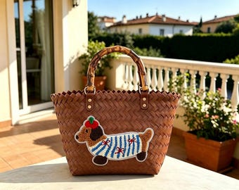 Luxus-Einkaufstasche aus gewebtem Leder mit Bambusgriff, ruhige Luxus-Strandtasche, niedliche Tier-Thema, lässige Geldbörse, niedlicher Hund, gestickte Stroh-Tasche